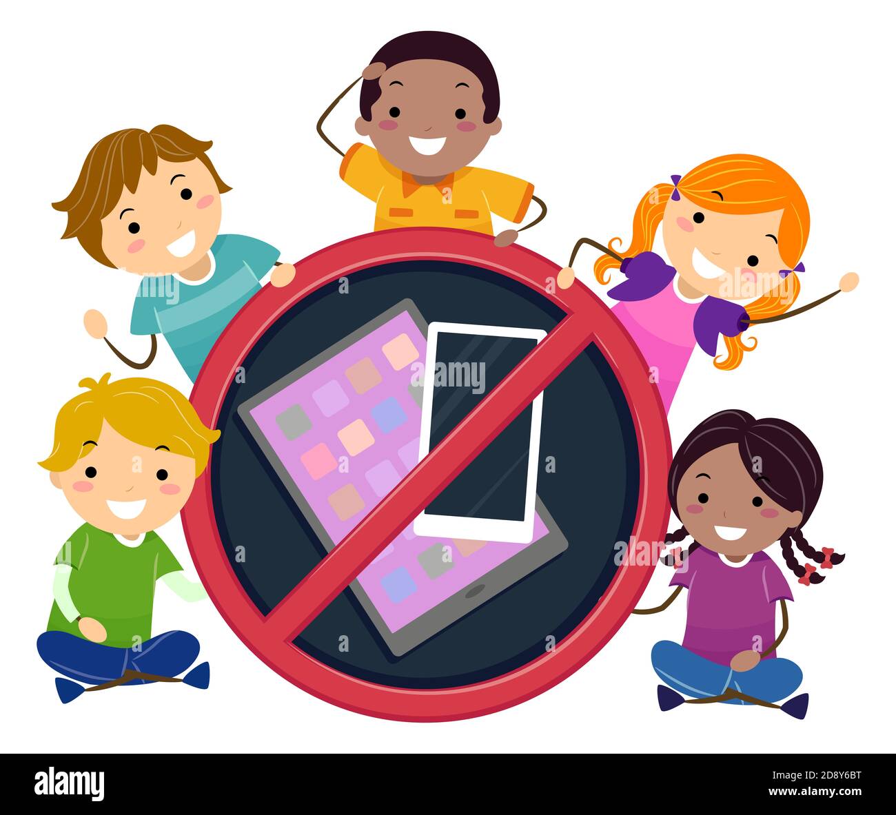 Illustration of Stickman Kids Holding No Sign with Computer Tablet and Mobile Phone. No Screen Time Stock Photo