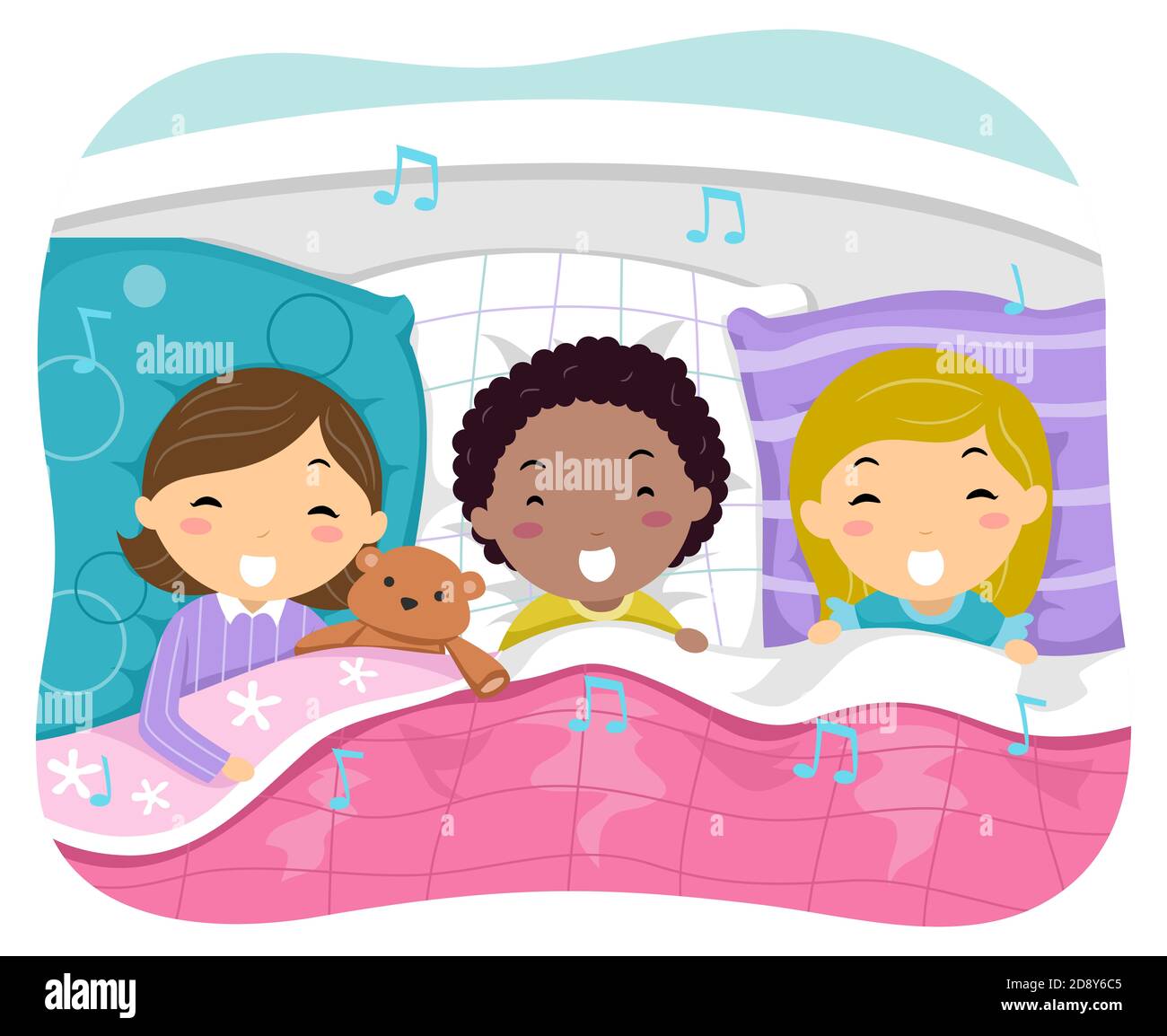 Illustration of Stickman Kids Girls Singing Bed Time Songs in Bed with Music Notes Stock Photo