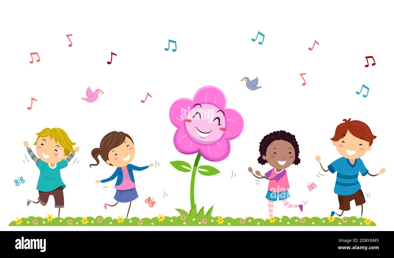 Illustration of Stickman Kids Dancing with Flower Mascot in Spring Season Stock Photo