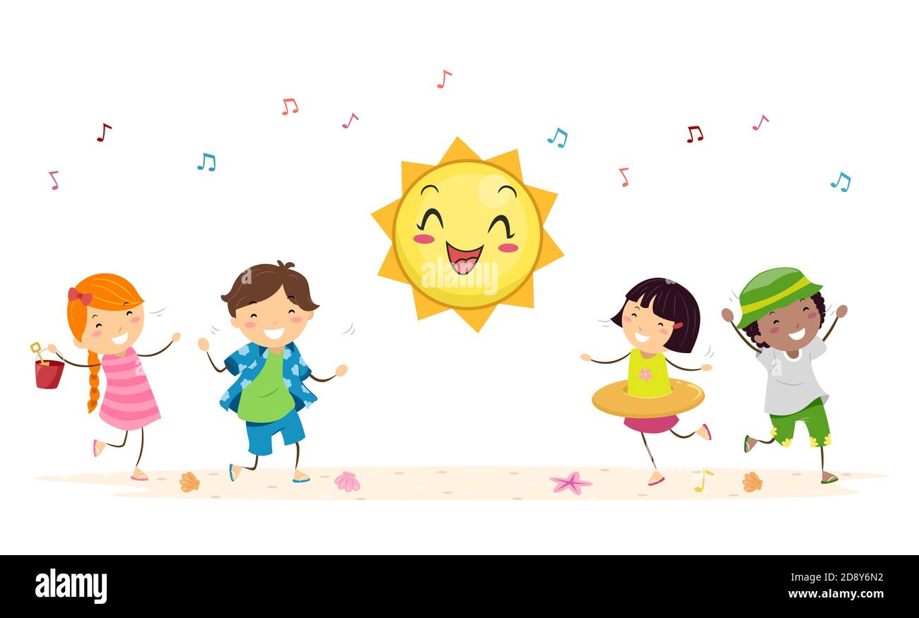 Illustration of Stickman Kids Dancing with Mascot Sun for Summer Season Stock Photo