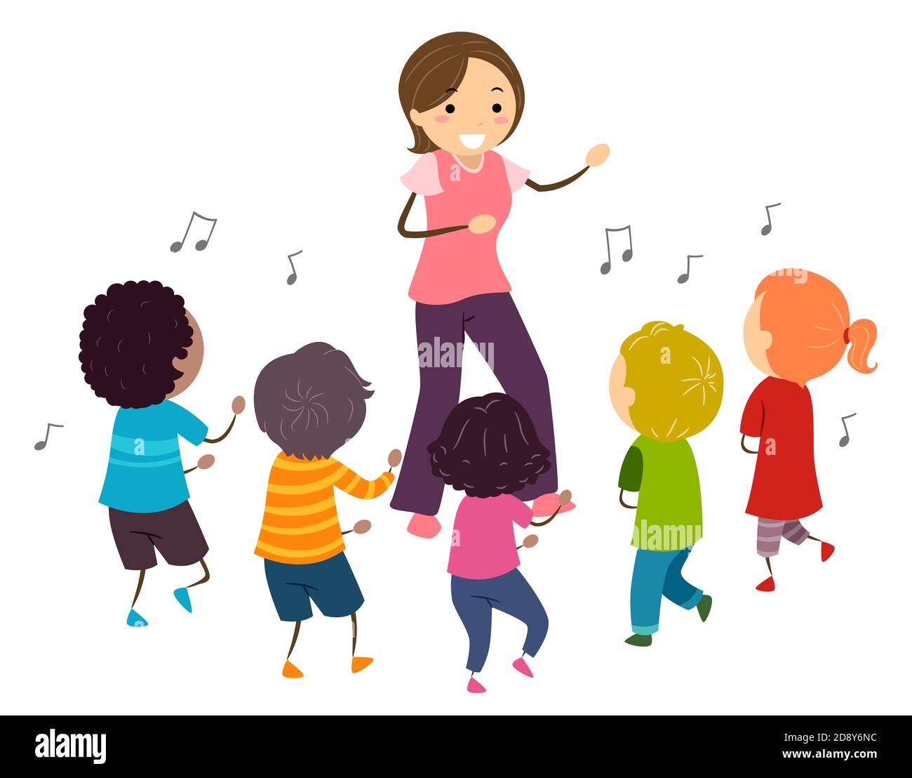 Illustration of Stickman Kids and Girl Teacher Learning About a New Dance Choreography Stock Photo
