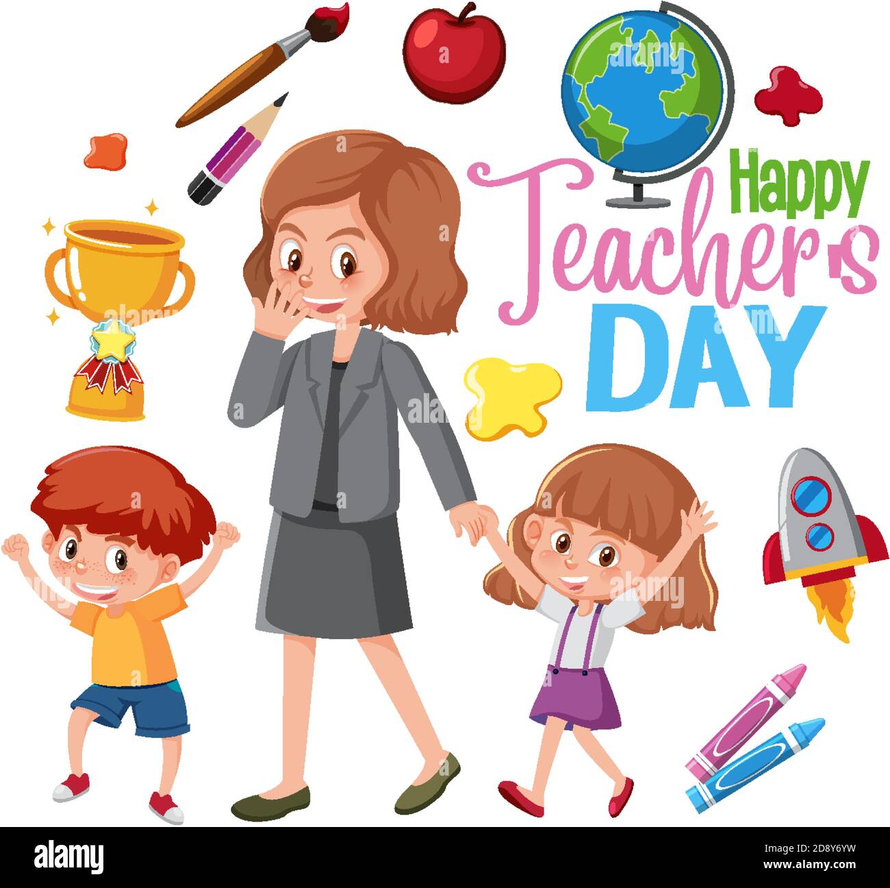 Happy Teacher's Day logo with teacher and students illustration Stock