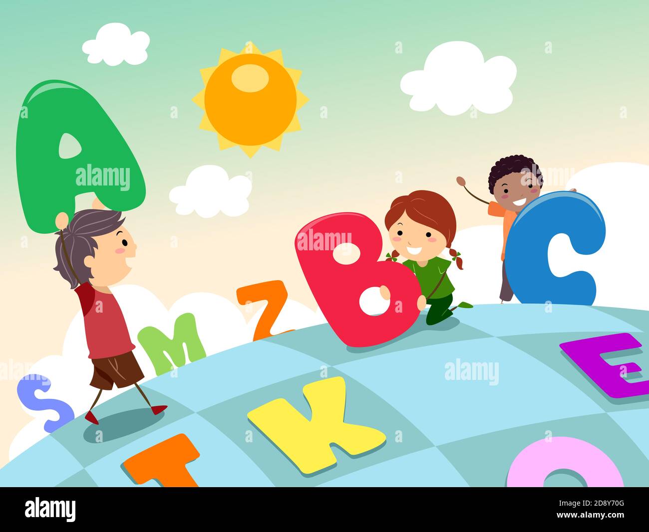 Illustration of Stickman Kids Playing Board Game with Big Letters of the Alphabet Stock Photo