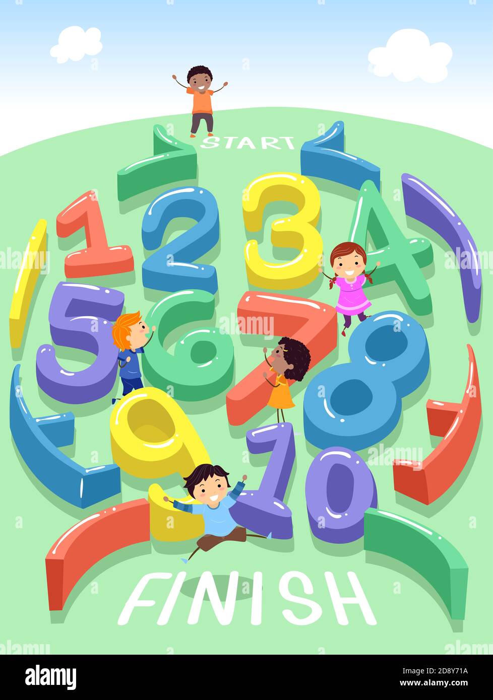 Illustration of Stickman Kids Playing through a Maze Puzzle Made of Numbers Stock Photo