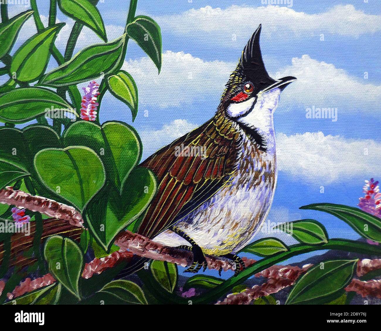 Art painting Fine art Oil color Birds from Thailand , Red-whiskered bulbul Stock Photo