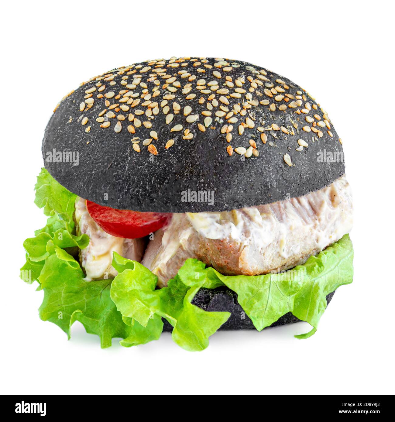 Tasty grilled meat burger with lettuce and mayonnaise isolated on white