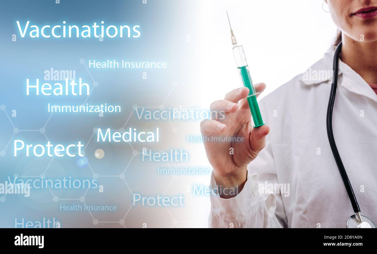 DOCTOR VACCINATING WITH UNDERLYING MEDICAL CONCEPTS Stock Photo