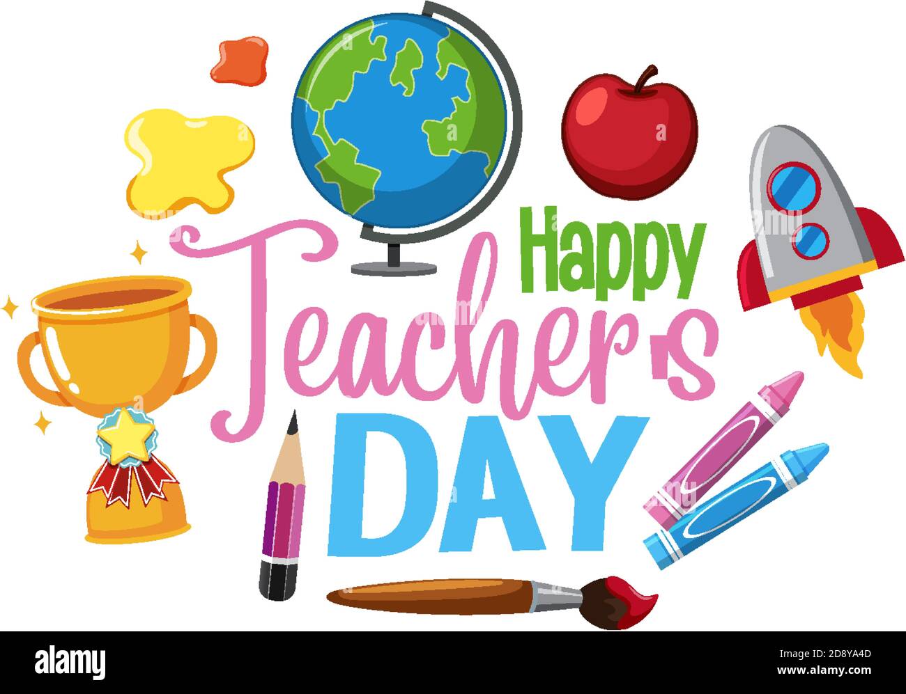 Happy Teacher's Day logo with set of stationary elements illustration