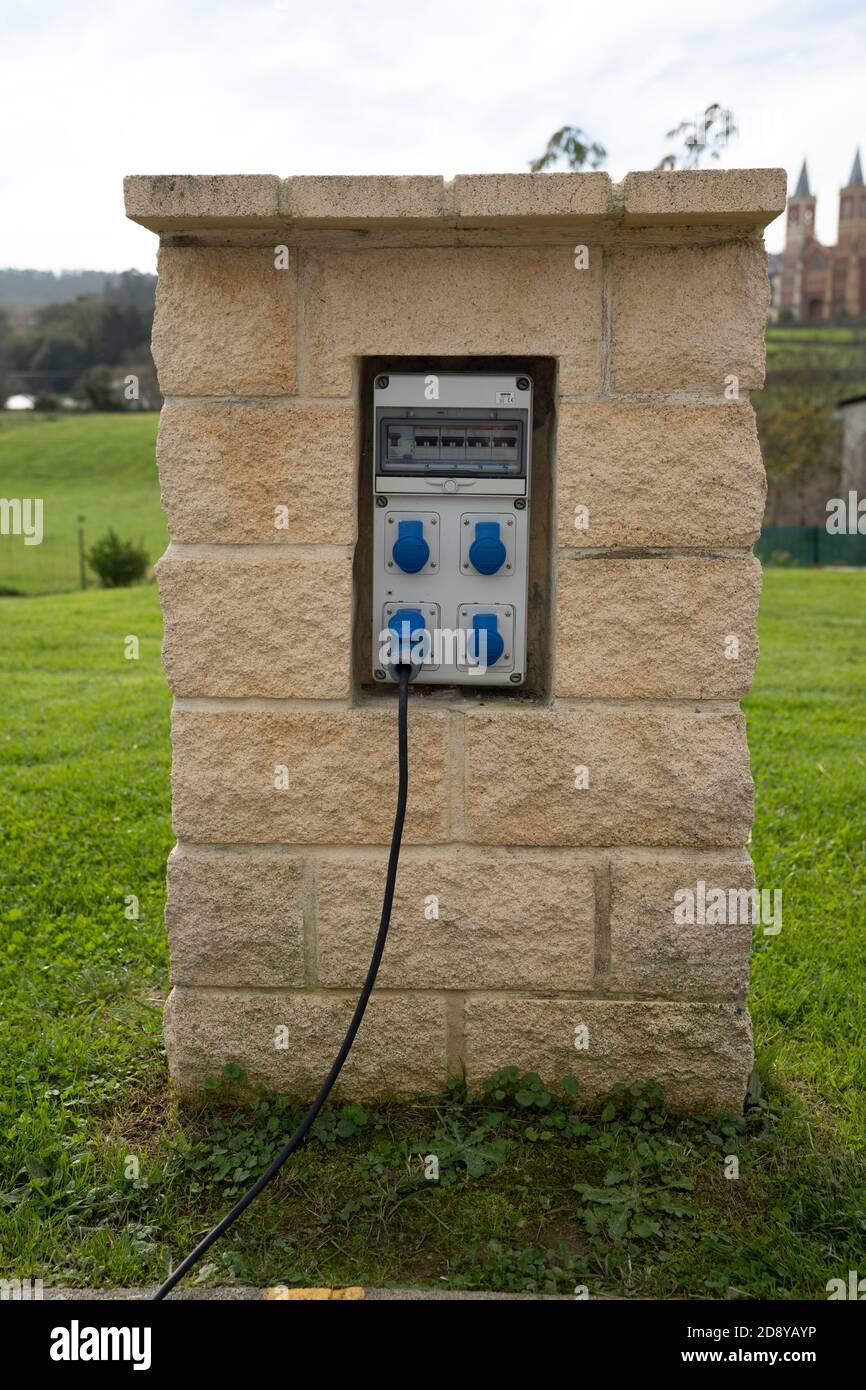 Cobreces, Cantabria / Spain - 30 October 2020: view of a brick electricity supply station at a modern rural RV park in Spain Stock Photo
