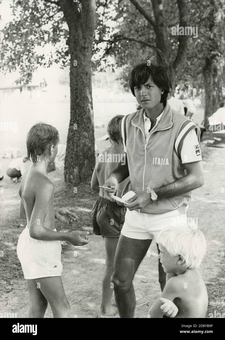 The Italian tennis player Claudio Panatta signing autographs at the Davis Cup playoff, Italy 1987 Stock Photo