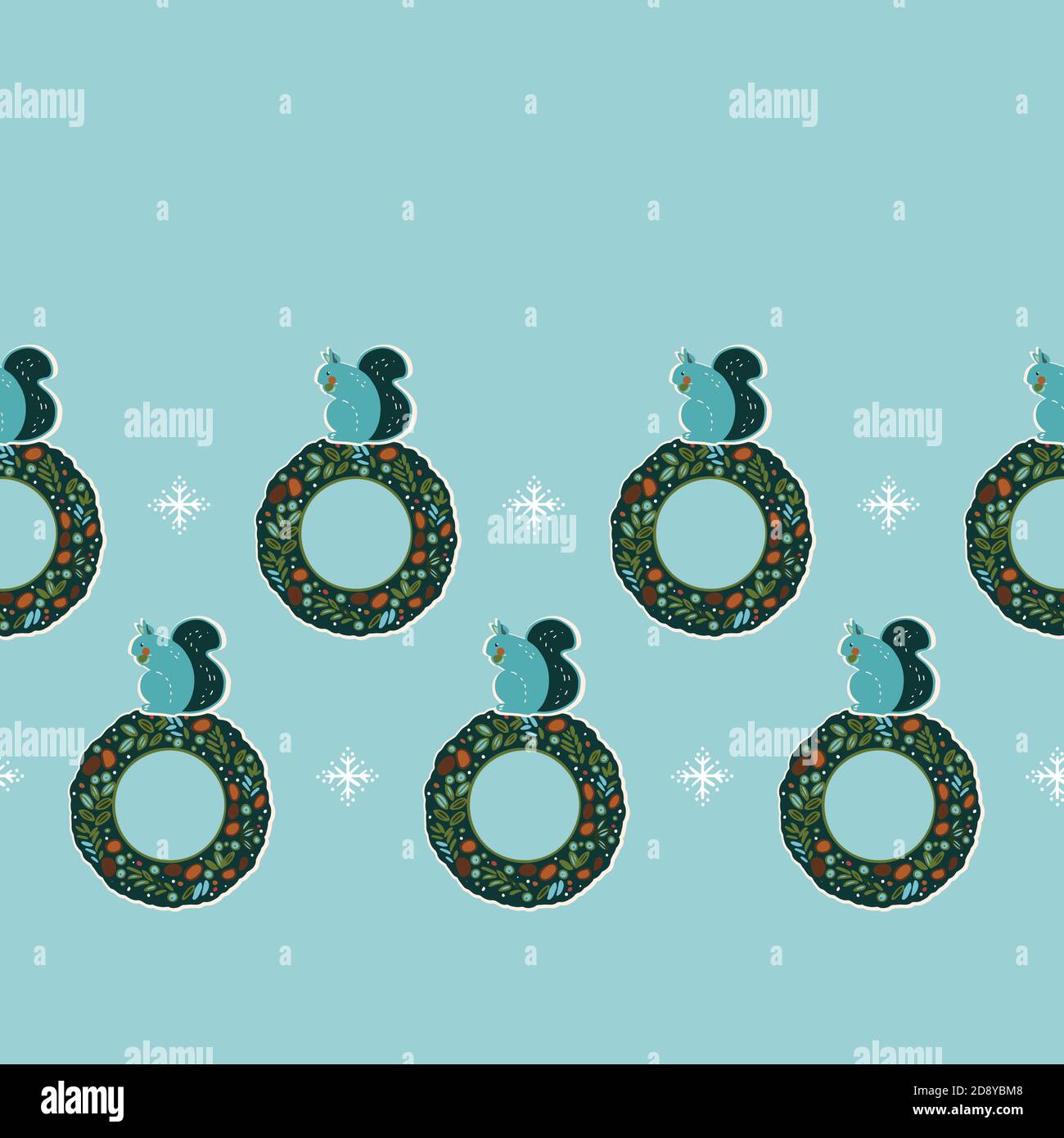 Vector stylized christmas squirrel border. Seamless geometric xmas pattern with stylized squirrel and wreath on bright blue background. Perfect for fabric, gift wrap and home decor. Stock Vector