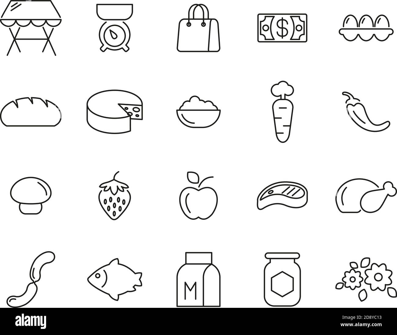 Market Place Or Market Stand Icons Black & White Thin Line Set Big ...