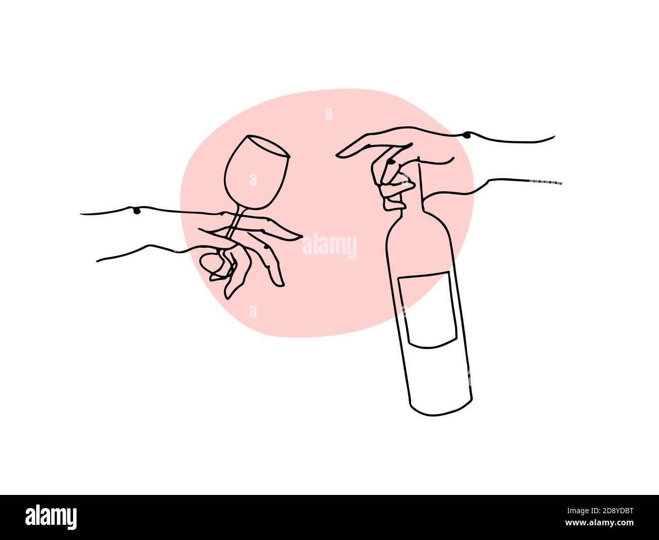 two hands reach out to each other. Wine bottle and glass contour. Black outline vector. Stock Vector