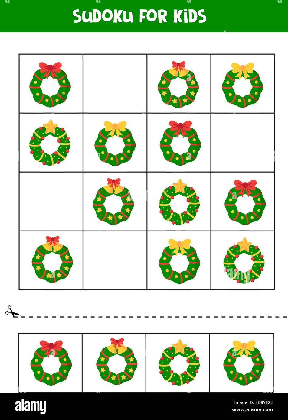 Sudoku game with different Christmas wreaths. Worksheet for children. Stock Vector