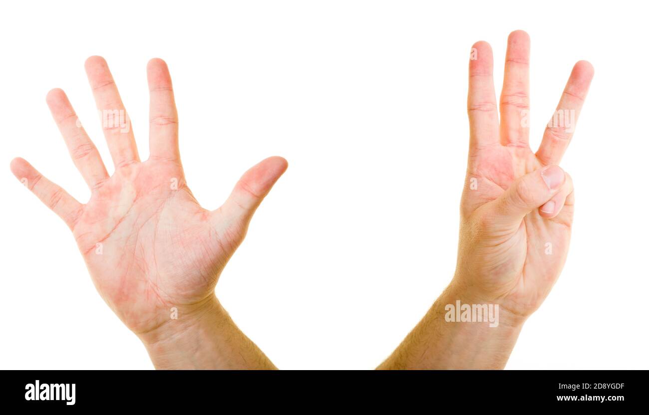 Two hands show eight fingers Stock Photo