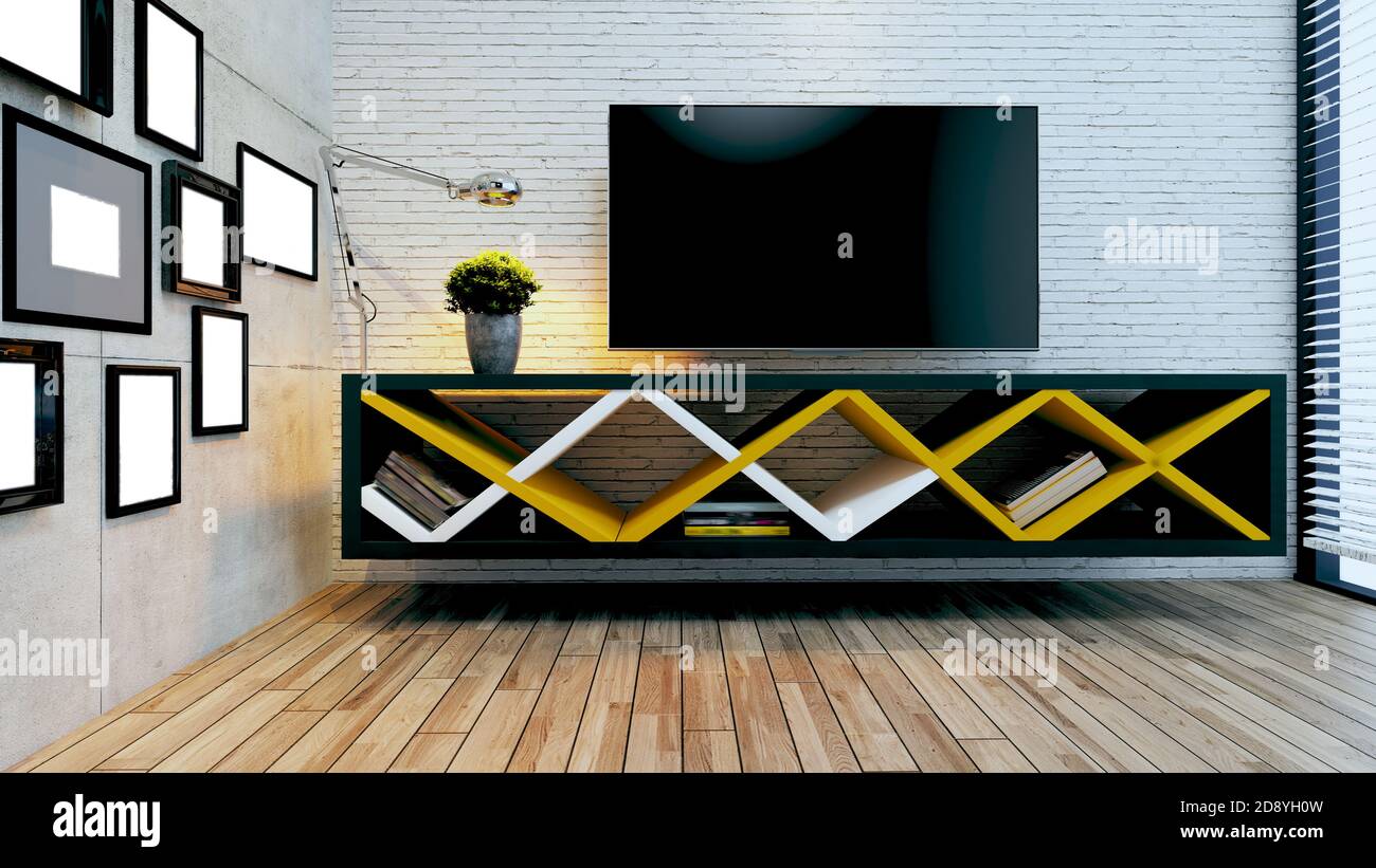 Modern tv unit space for modern office or homes. Thought design idea with  white brick wall, photo frames, table lamp and plant and concrete wall,  wood Stock Photo - Alamy