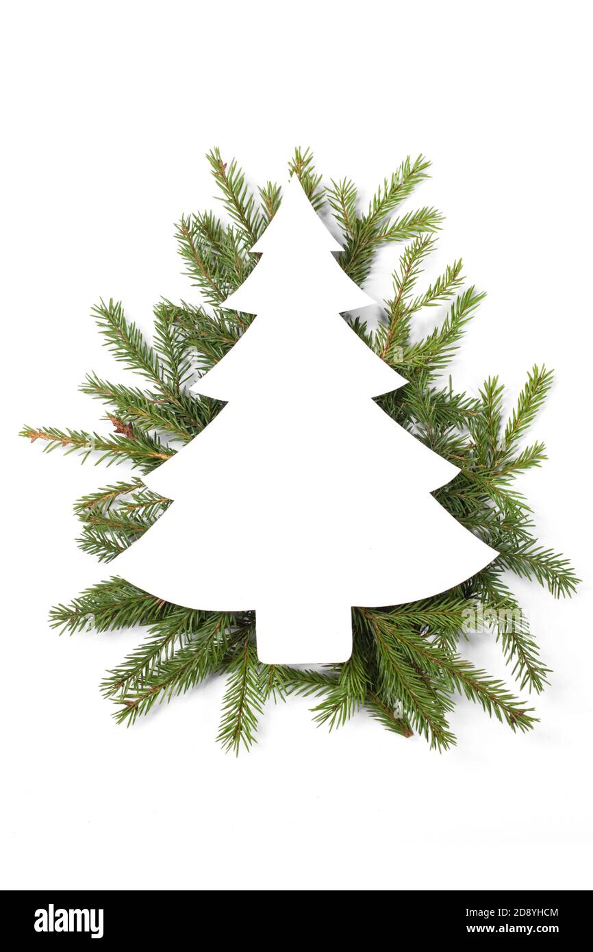 Christmas white fir tree shaped blank card with copy space and decor of ...