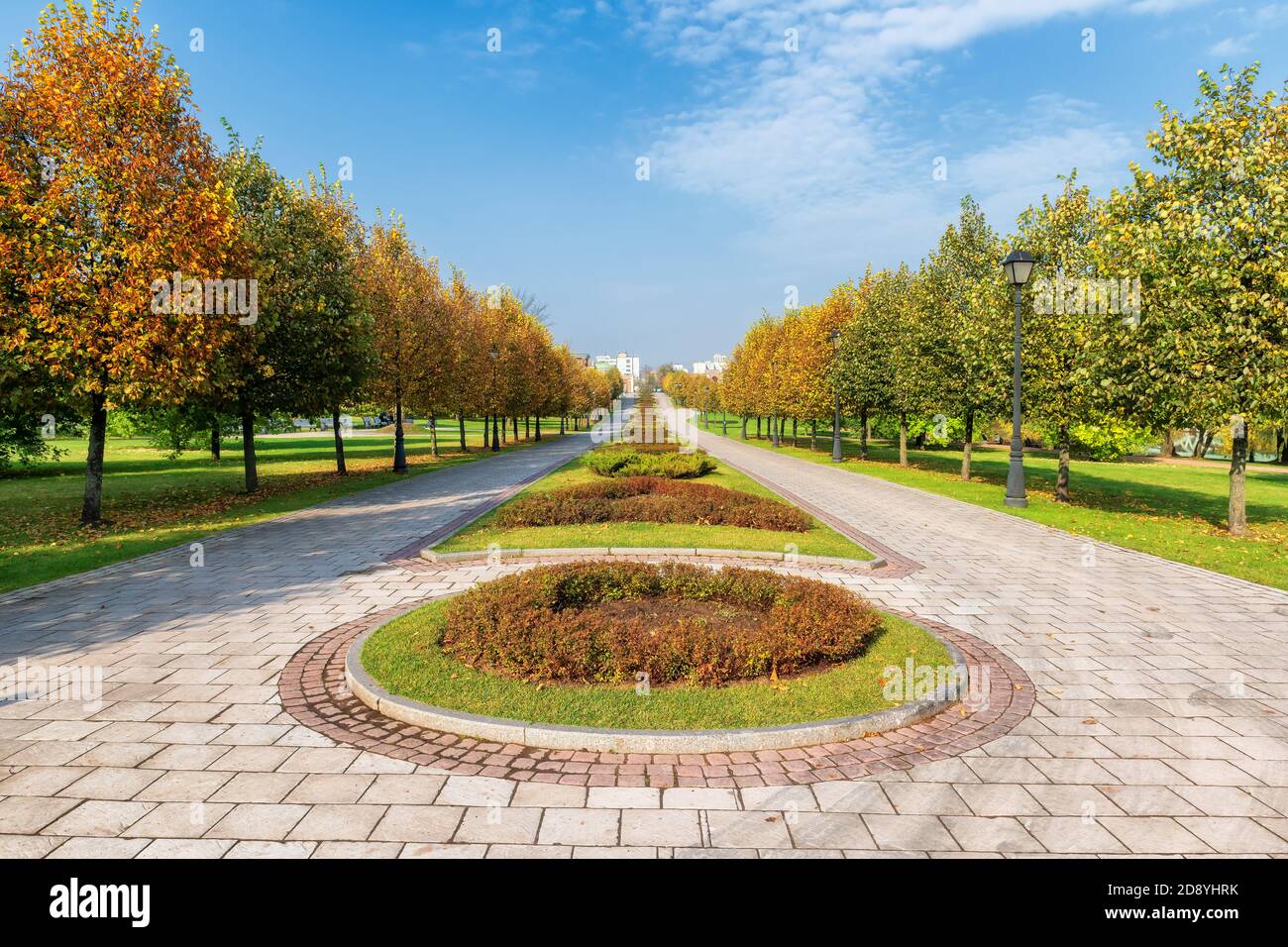 Autumn alley in a park with colorful trees. Autumn landscape background ...