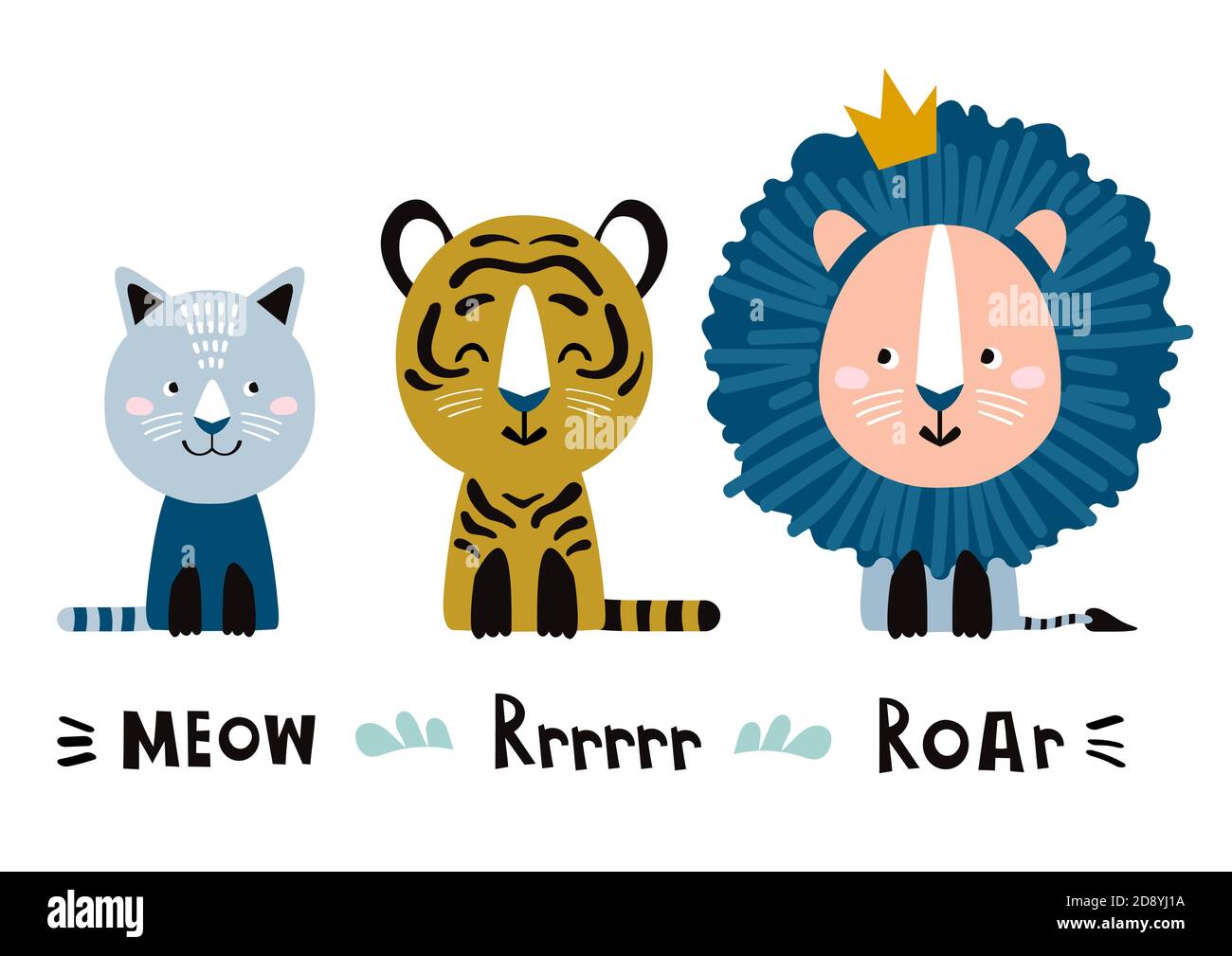 Cute lion, tiger and cat and english text: Meow, Rrrrrr, Roar. Cartoon  vector illustration Stock Vector Image & Art - Alamy