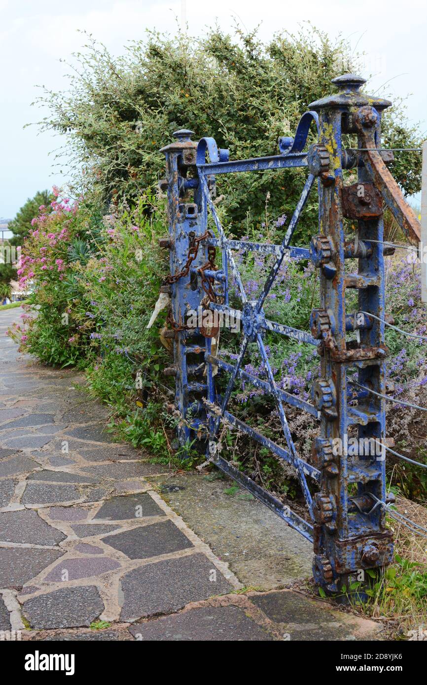 Weathered, locked blue gate covered with peeling blue paint bars entrance to an overgrown path surrounded by plants Stock Photo