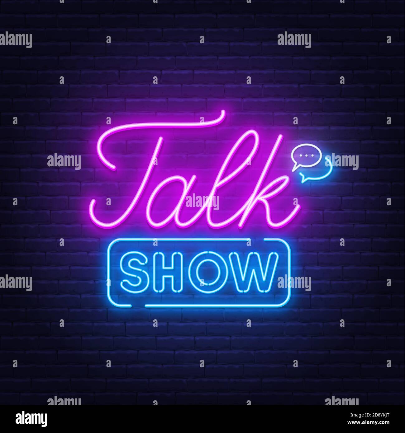 Talk show neon sign on brick wall background. Stock Vector