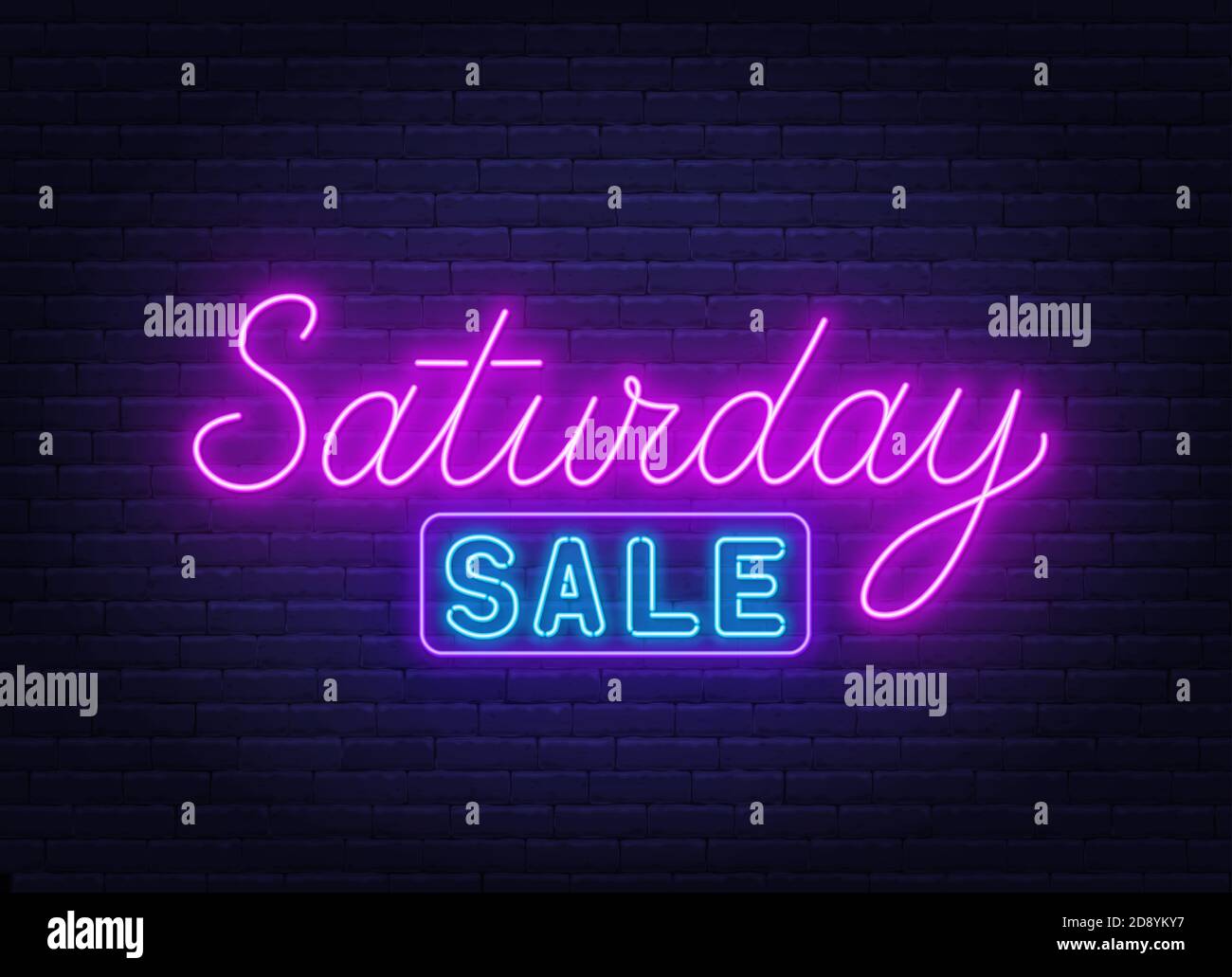 Saturday Sale neon sign on brick wall background. Stock Vector