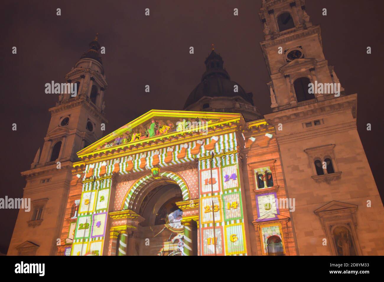 BUDAPEST, HUNGARY - JANUARY 1, 2018: Christmas light show on St. Stephen's Basilica building in Budapest on January 1, 2018. Stock Photo