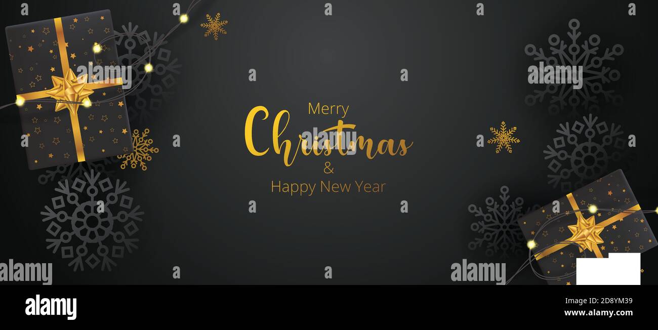 Christmas black and gold background with christmas gifts and snowflakes ...