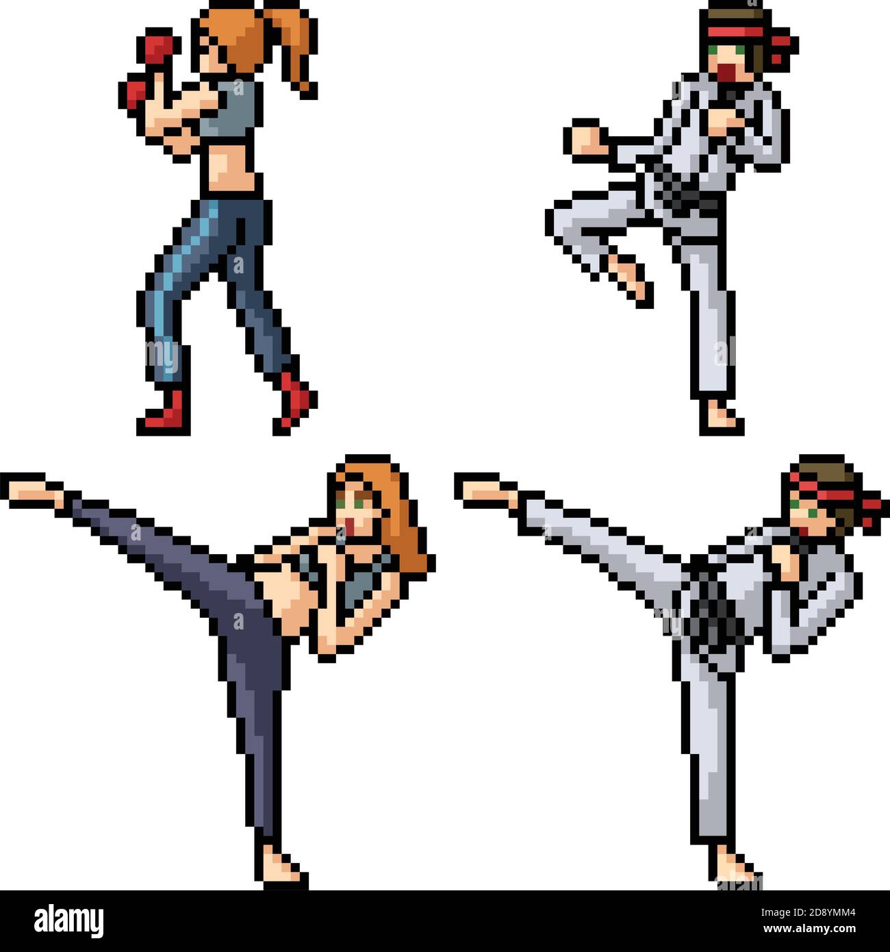 pixel art set isolated martial art fighter Stock Vector