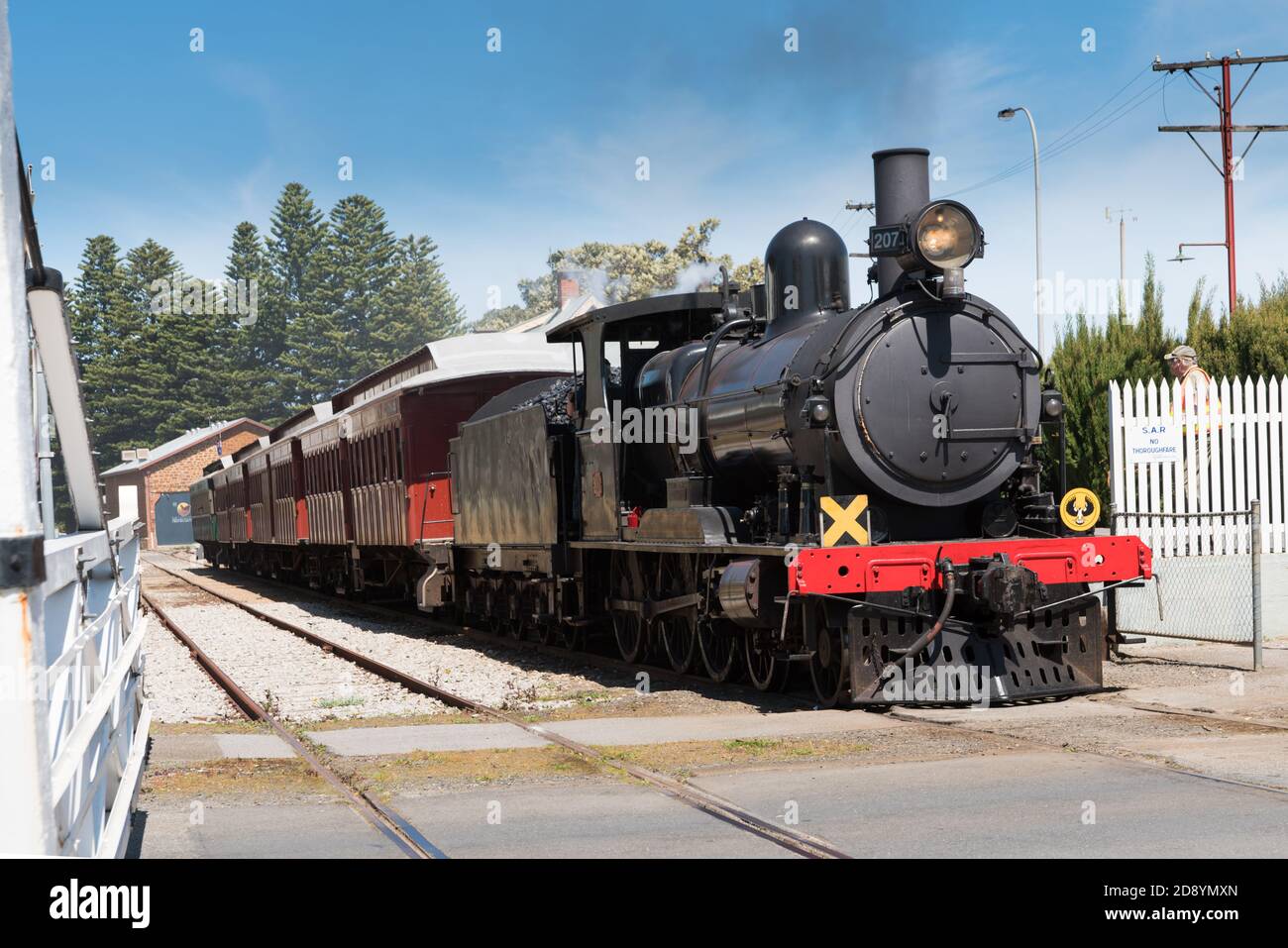 The Cockle Train, Steamranger, number 207 leaving the Victor Harbor Railway Station, South Australia Stock Photo