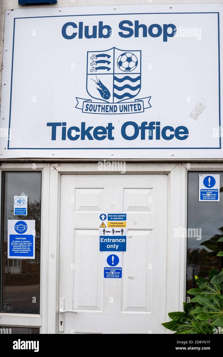 Ticket office and Club Shop at Roots Hall football ground of Southend United football club, Essex, UK. Closed. COVID-19 warnings and guidelines Stock Photo