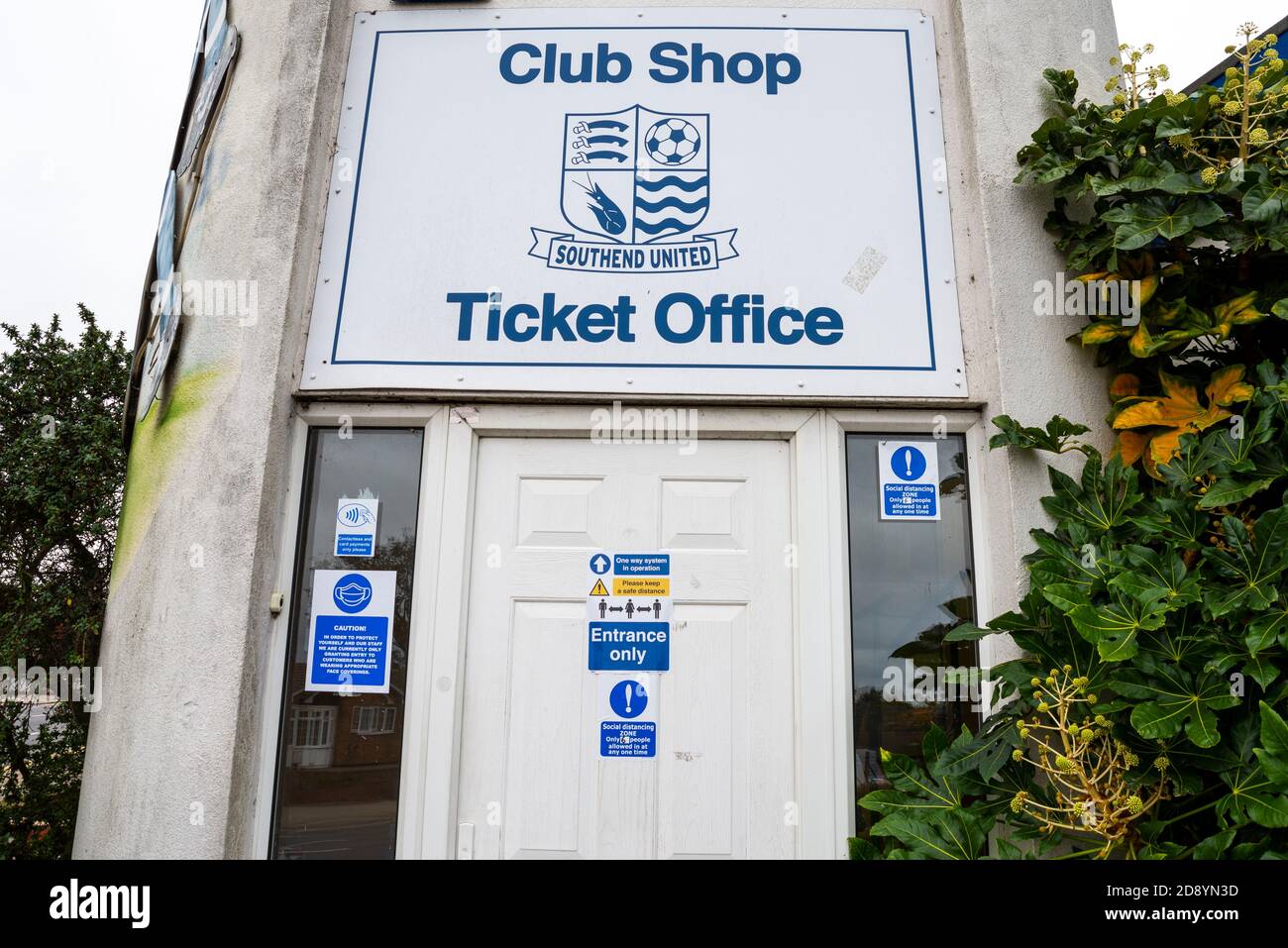 Ticket office and Club Shop at Roots Hall football ground of Southend United football club, Essex, UK. Closed. COVID-19 warnings and guidelines Stock Photo