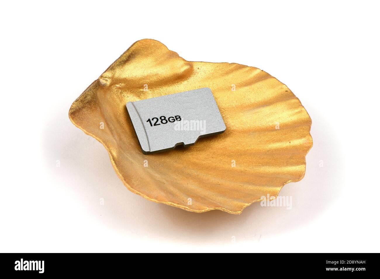 Memory Card Golde SD memory card on golden seashell isolated on white background. High ...