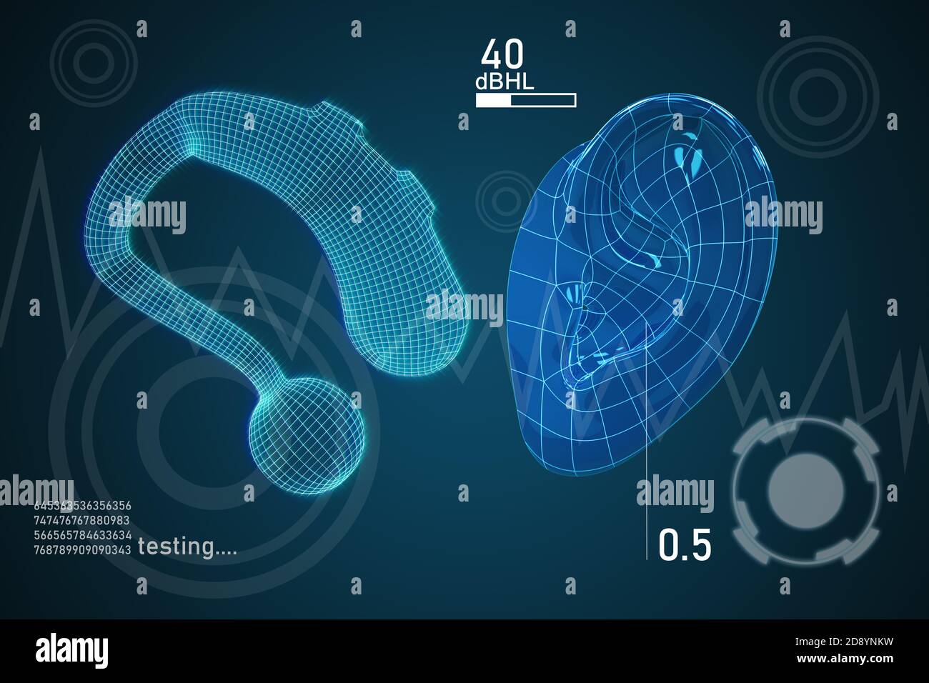 Graphic showing a hearing aid and the human ear during hearing tests