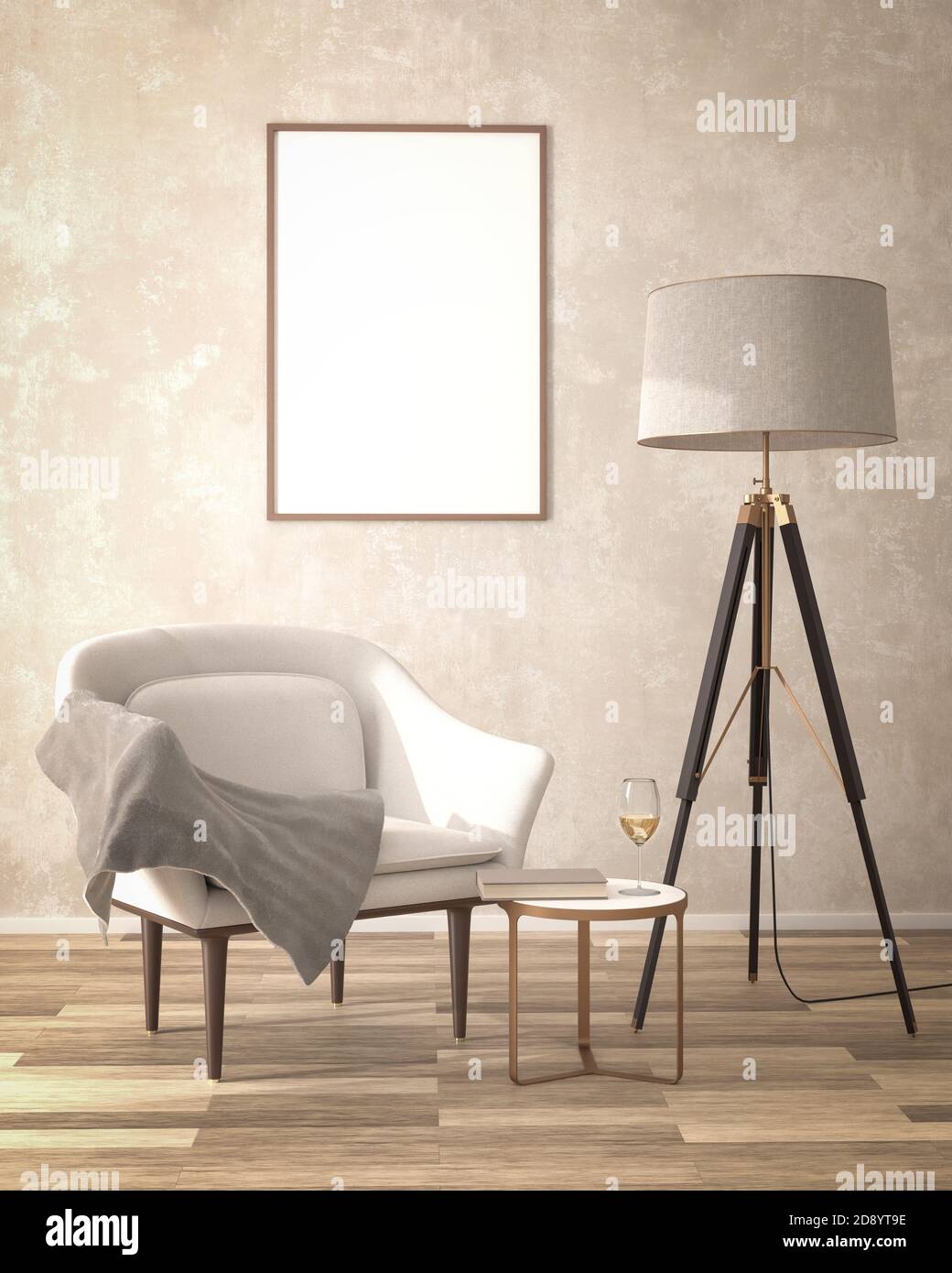 Pastel colored living room interior mockup with an empty picture frame (70x100cm), armchair, floor lamp, side table with glass of white wine and a boo Stock Photo