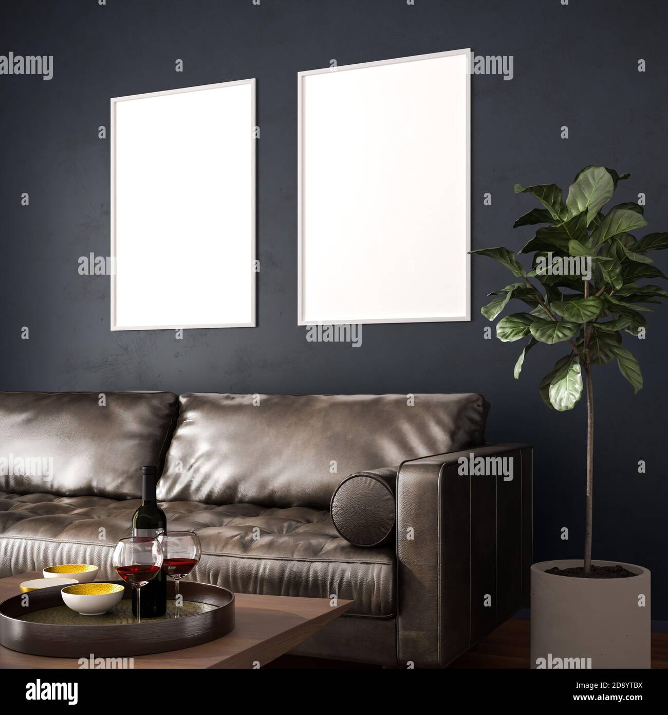 Elegant interior setting with dark wall, leather sofa, coffee table with wine and glasses,  ficus tree. Two picture frame mockups (70x100cm). 3d rende Stock Photo
