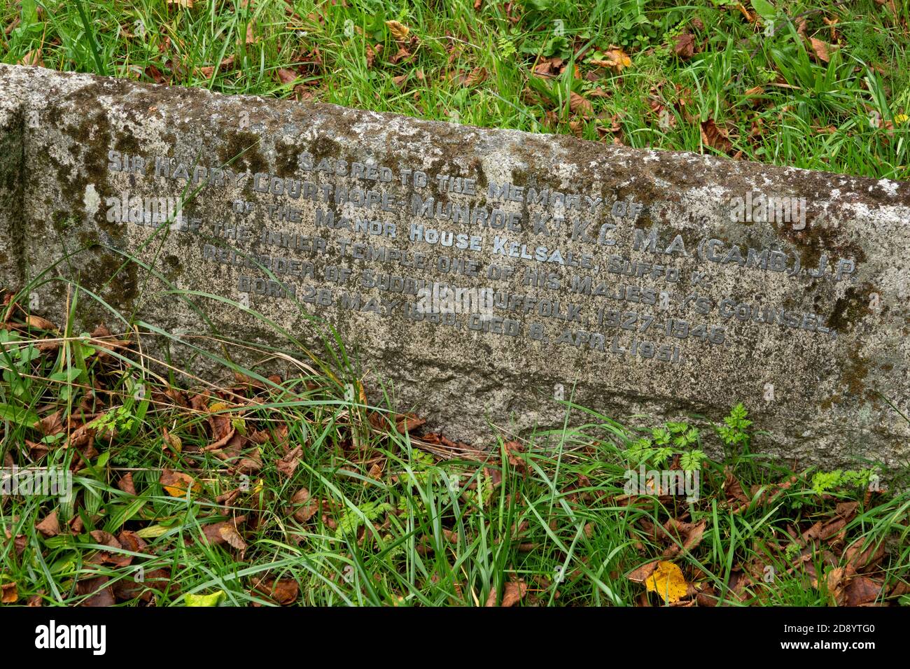 The grave headstone of Sir Harry Courthope Munroe, St Mary and St Peter's Kelsale, Suffolk, UK Stock Photo