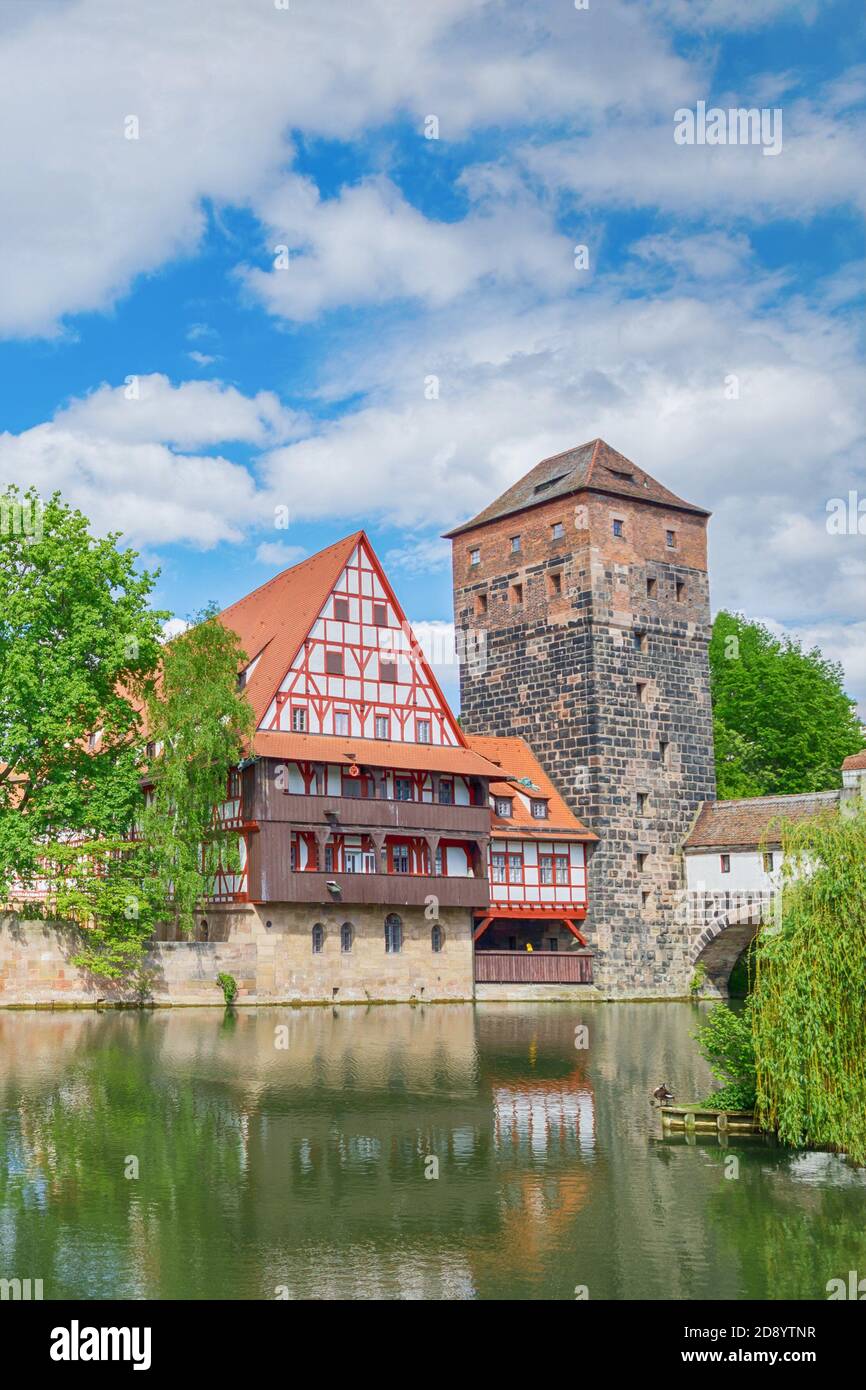 German architecture and Pegnitz river. Old fachwerk house. Nuremberg, Bavaria, Germany Stock Photo