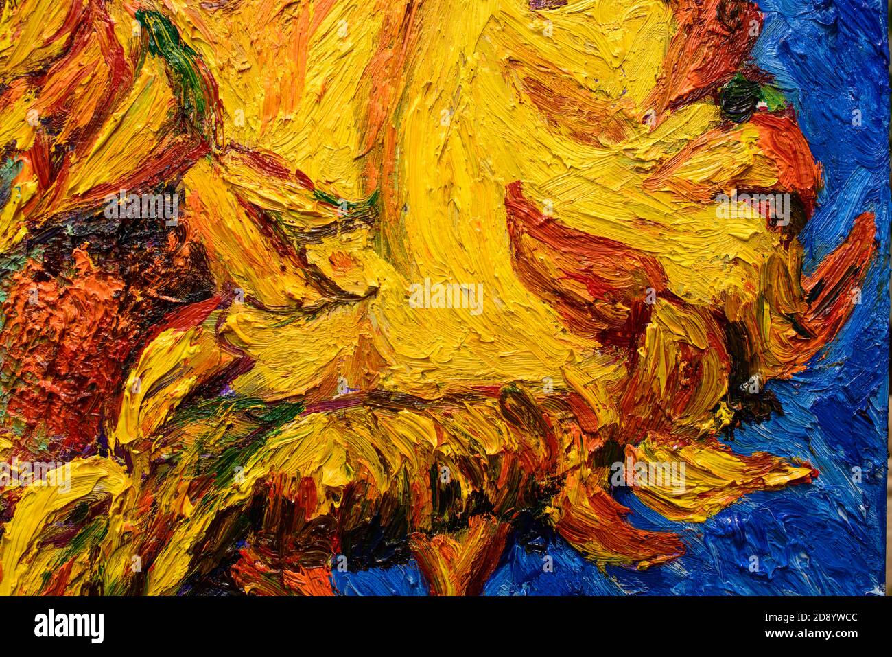 Sunflower, oil painting on canvas. Free copy Based on the painting by the great artist Vincent Van Gogh, Two cut sunflowers III, 1887 Stock Photo