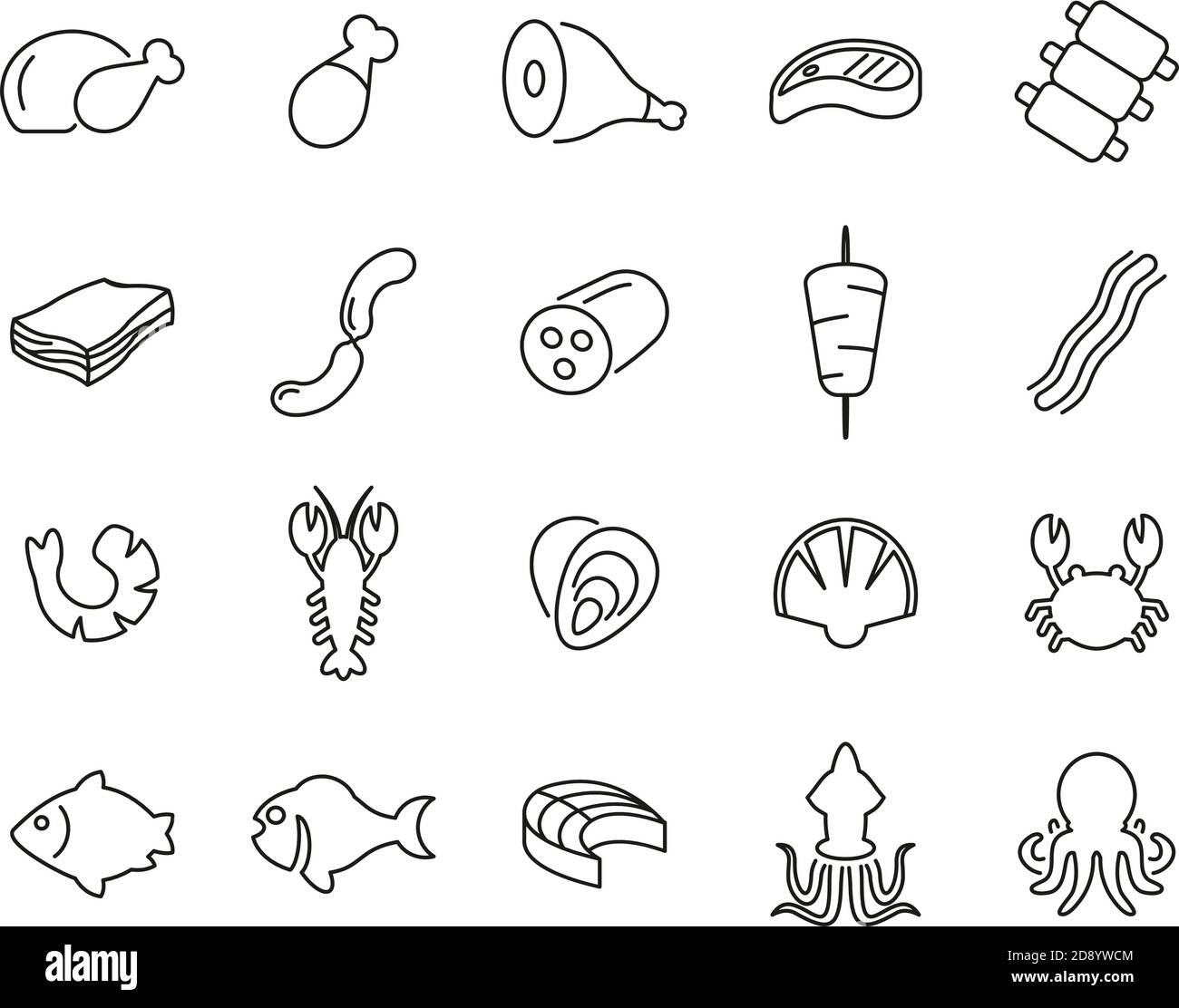 Meat & Seafood Icons Black & White Thin Line Set Big Stock Vector Image ...