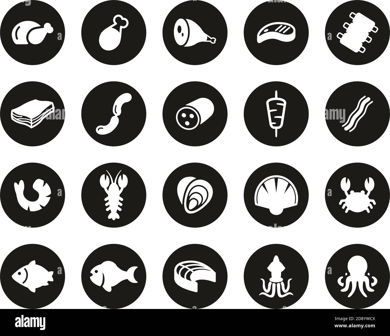 Meat & Seafood Icons White On Black Flat Design Circle Set Big Stock ...