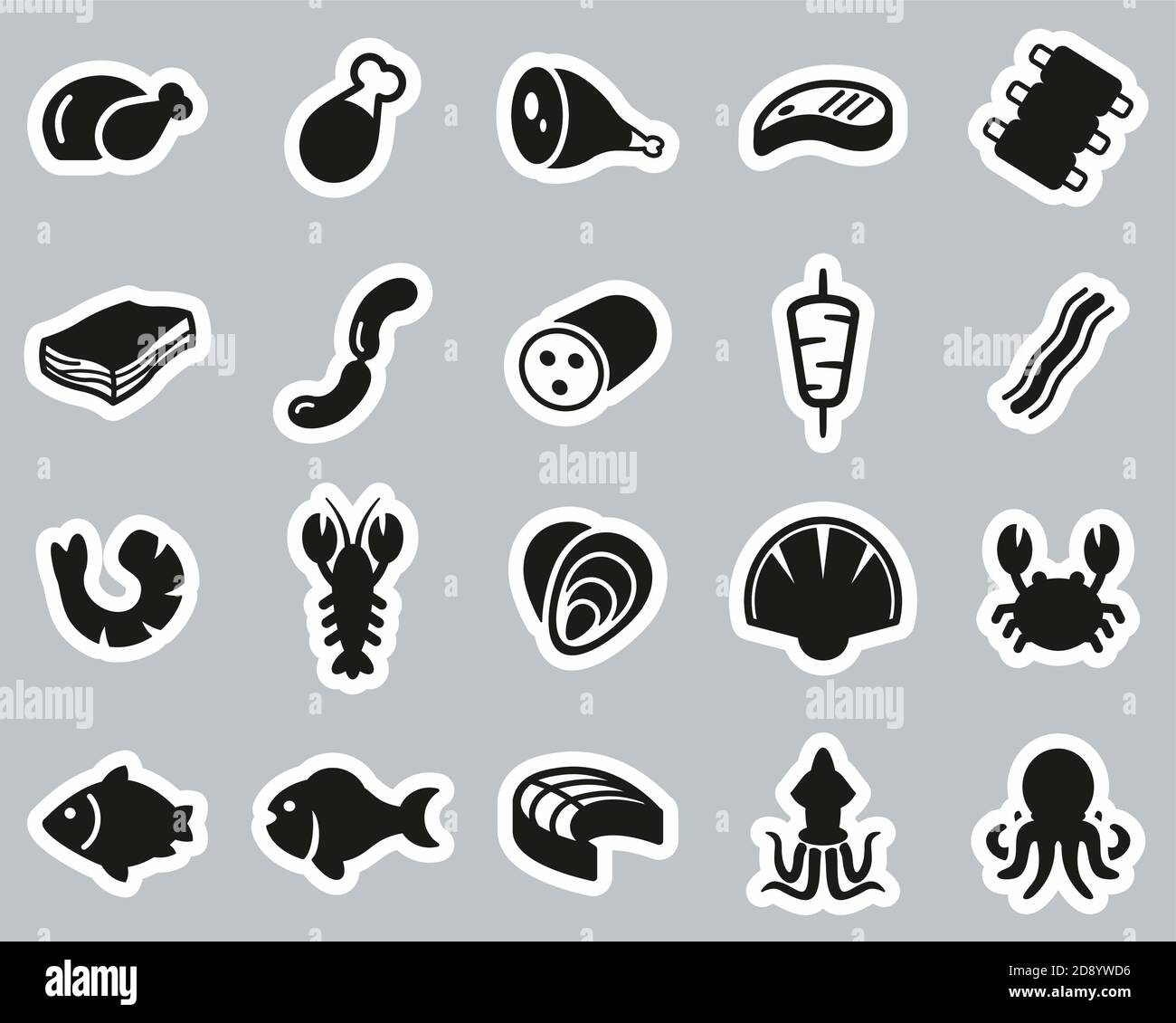 Meat & Seafood Icons Black & White Sticker Set Big Stock Vector Image ...