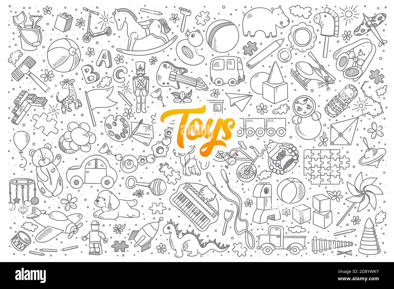 Hand drawn set of toys doodles with yellow lettering in vector Stock Photo