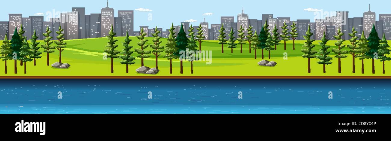 City nature park with river side landscape scene illustration Stock ...