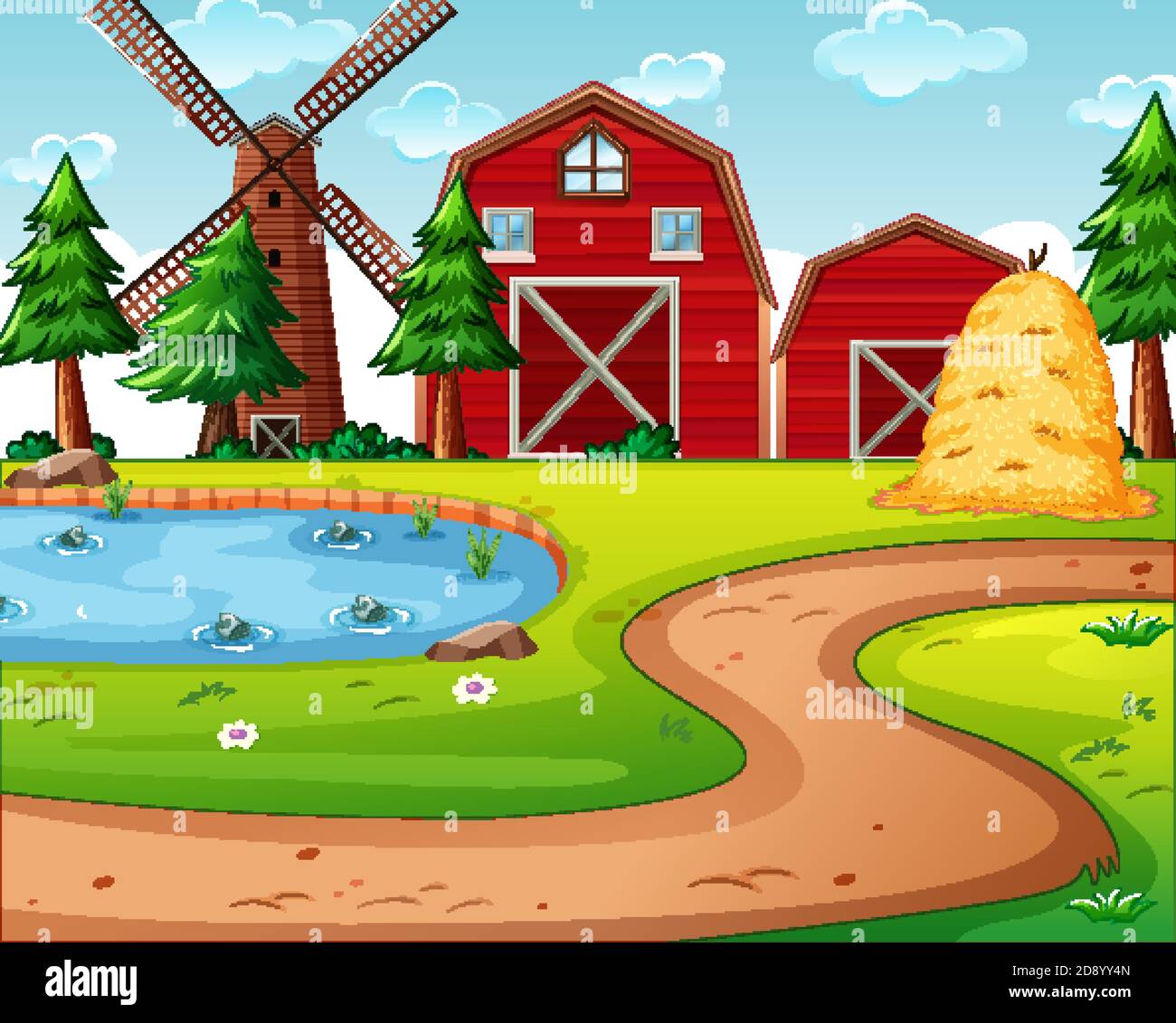 Farm with red barn and windmill scene illustration Stock Vector Image ...