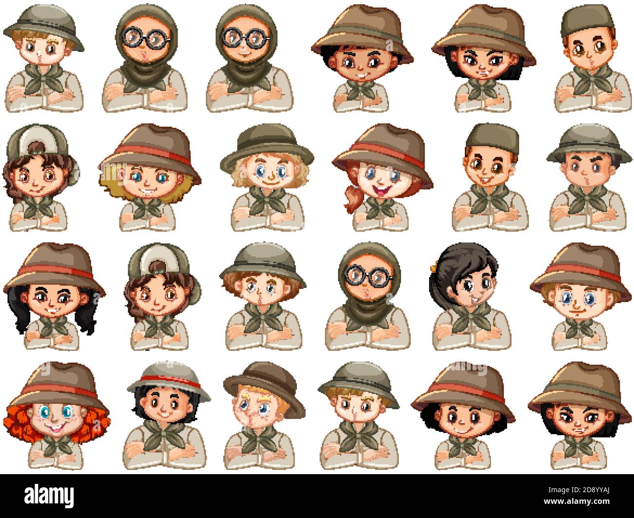 Set of different characters of boys and girls scout costume on a white ...