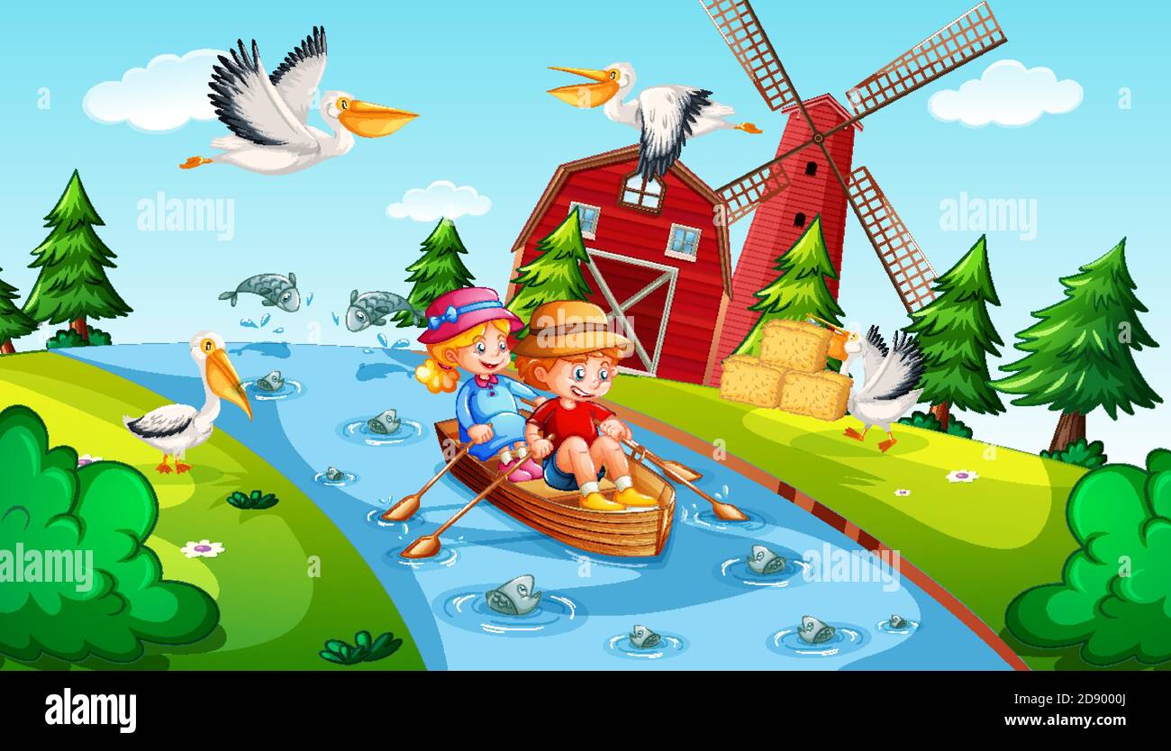 Children row the boat in the stream farm scene illustration Stock ...