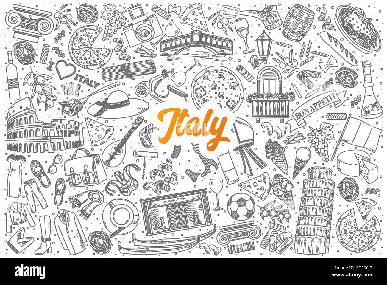 Hand drawn Italy doodle set background with orange lettering in vector Stock Photo