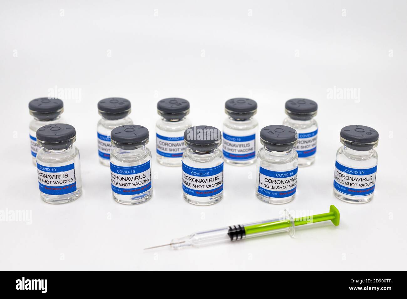Covid-19, CoronaVirus drug vaccine vials, medicine bottles, syringe injection. SARS-CoV-2 Vaccination, immunization, treatment to cure Covid 19 Corona Stock Photo