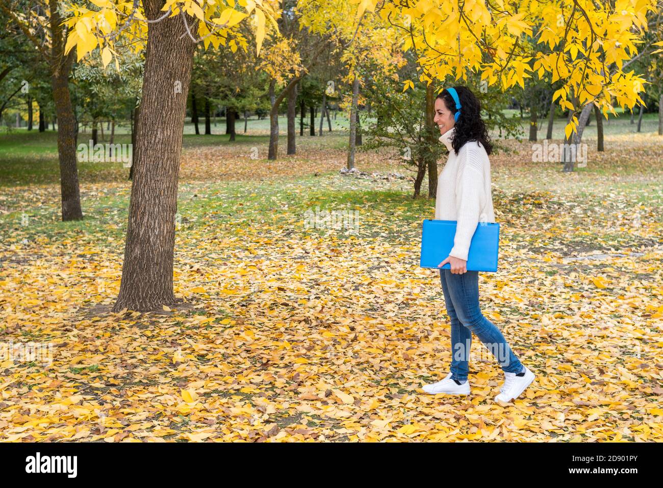 young woman with curly black hair wears blue wireless headphones and in hand her laptop to work outdoors. park in autumn with dry leaves fallen from t Stock Photo